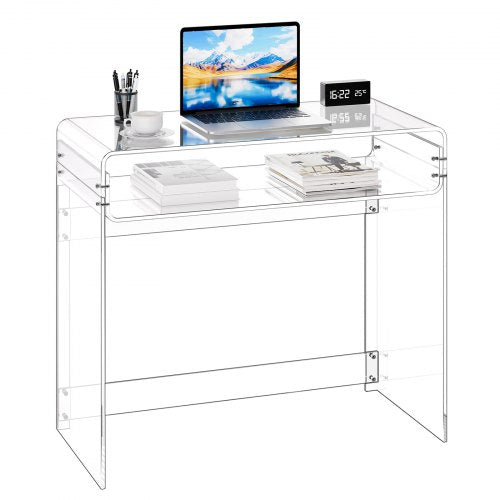 Acrylic Table, 2 Tiers Clear End Table with Storage Shelf, Modern Rectangle Acrylic Side Desk, Transparent Thick Desk Nightstand for Bedroom, Office, Living Room, 15.7 x 33.5 x 29.5 in (Clear)
