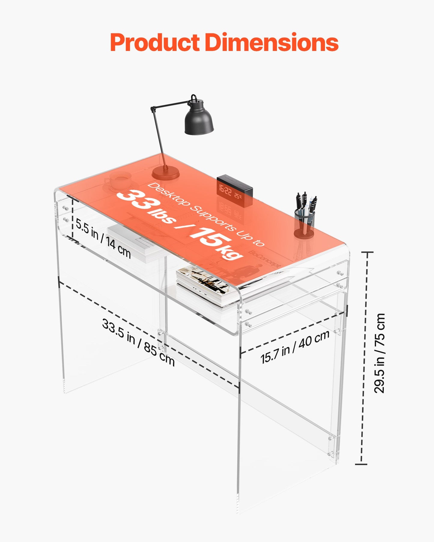 Acrylic Table, 2 Tiers Clear End Table with Storage Shelf, Modern Rectangle Acrylic Side Desk, Transparent Thick Desk Nightstand for Bedroom, Office, Living Room, 15.7 x 33.5 x 29.5 in (Clear)