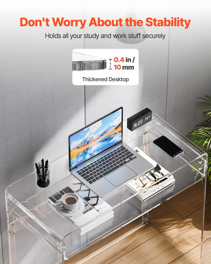 Acrylic Table, 2 Tiers Clear End Table with Storage Shelf, Modern Rectangle Acrylic Side Desk, Transparent Thick Desk Nightstand for Bedroom, Office, Living Room, 15.7 x 33.5 x 29.5 in (Clear)