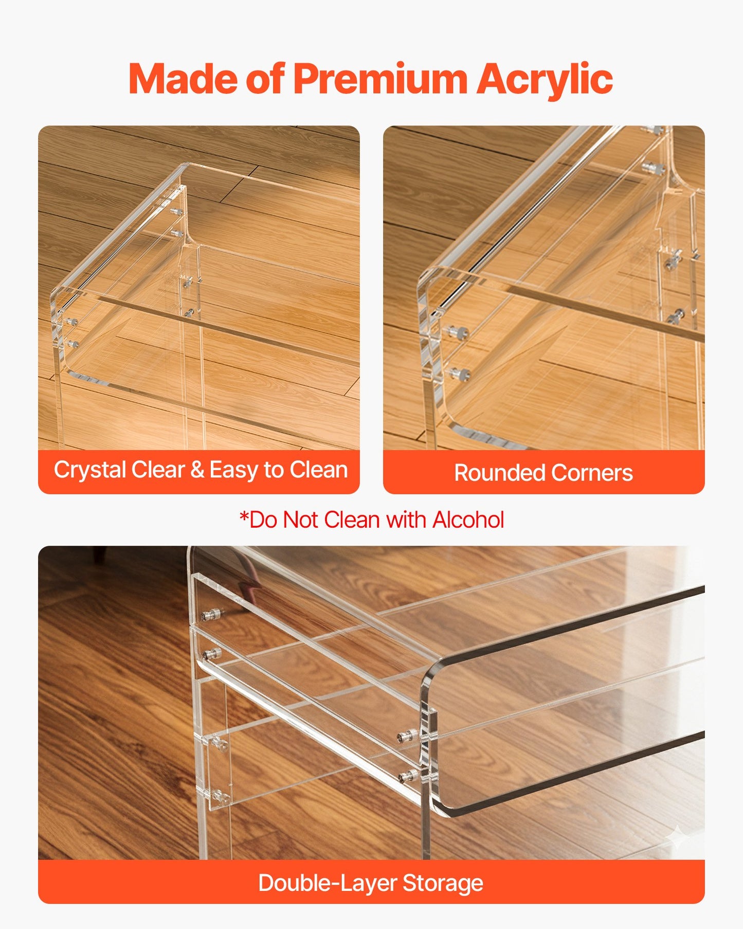 Acrylic Table, 2 Tiers Clear End Table with Storage Shelf, Modern Rectangle Acrylic Side Desk, Transparent Thick Desk Nightstand for Bedroom, Office, Living Room, 15.7 x 33.5 x 29.5 in (Clear)