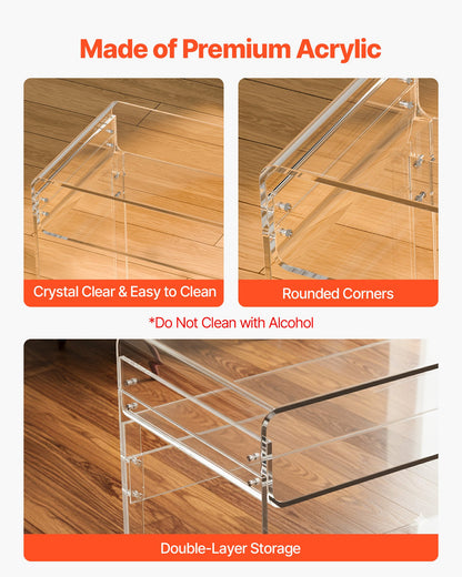 Acrylic Table, 2 Tiers Clear End Table with Storage Shelf, Modern Rectangle Acrylic Side Desk, Transparent Thick Desk Nightstand for Bedroom, Office, Living Room, 15.7 x 33.5 x 29.5 in (Clear)