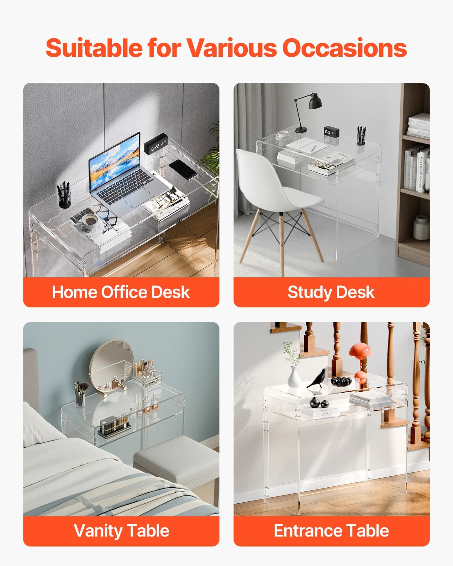 Acrylic Table, 2 Tiers Clear End Table with Storage Shelf, Modern Rectangle Acrylic Side Desk, Transparent Thick Desk Nightstand for Bedroom, Office, Living Room, 15.7 x 33.5 x 29.5 in (Clear)