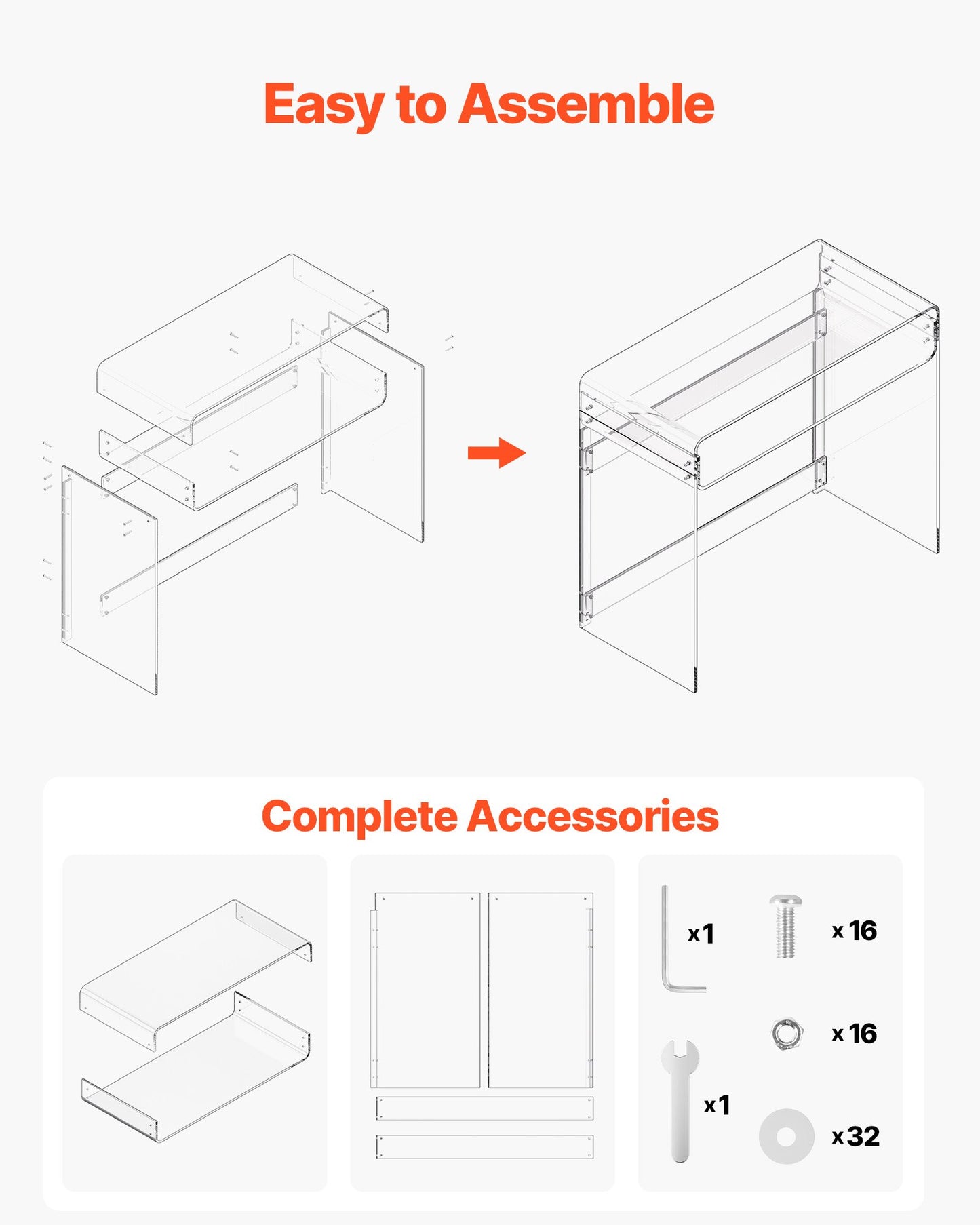 Acrylic Table, 2 Tiers Clear End Table with Storage Shelf, Modern Rectangle Acrylic Side Desk, Transparent Thick Desk Nightstand for Bedroom, Office, Living Room, 15.7 x 33.5 x 29.5 in (Clear)