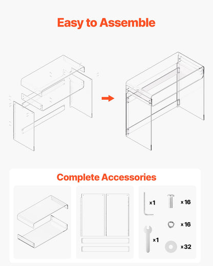 Acrylic Table, 2 Tiers Clear End Table with Storage Shelf, Modern Rectangle Acrylic Side Desk, Transparent Thick Desk Nightstand for Bedroom, Office, Living Room, 15.7 x 33.5 x 29.5 in (Clear)