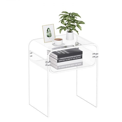 Acrylic Side Table, 2 Tiers Clear Bedside Table with Storage Shelf, Modern Rectangle Acrylic End Desk, Transparent Thick Nightstand for Bedroom, Living Room, Study, 11.8 x 15.7 x 19.7 in (Clear)