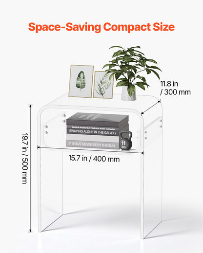Acrylic Side Table, 2 Tiers Clear Bedside Table with Storage Shelf, Modern Rectangle Acrylic End Desk, Transparent Thick Nightstand for Bedroom, Living Room, Study, 11.8 x 15.7 x 19.7 in (Clear)