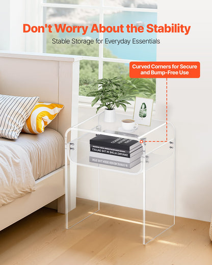 Acrylic Side Table, 2 Tiers Clear Bedside Table with Storage Shelf, Modern Rectangle Acrylic End Desk, Transparent Thick Nightstand for Bedroom, Living Room, Study, 11.8 x 15.7 x 19.7 in (Clear)