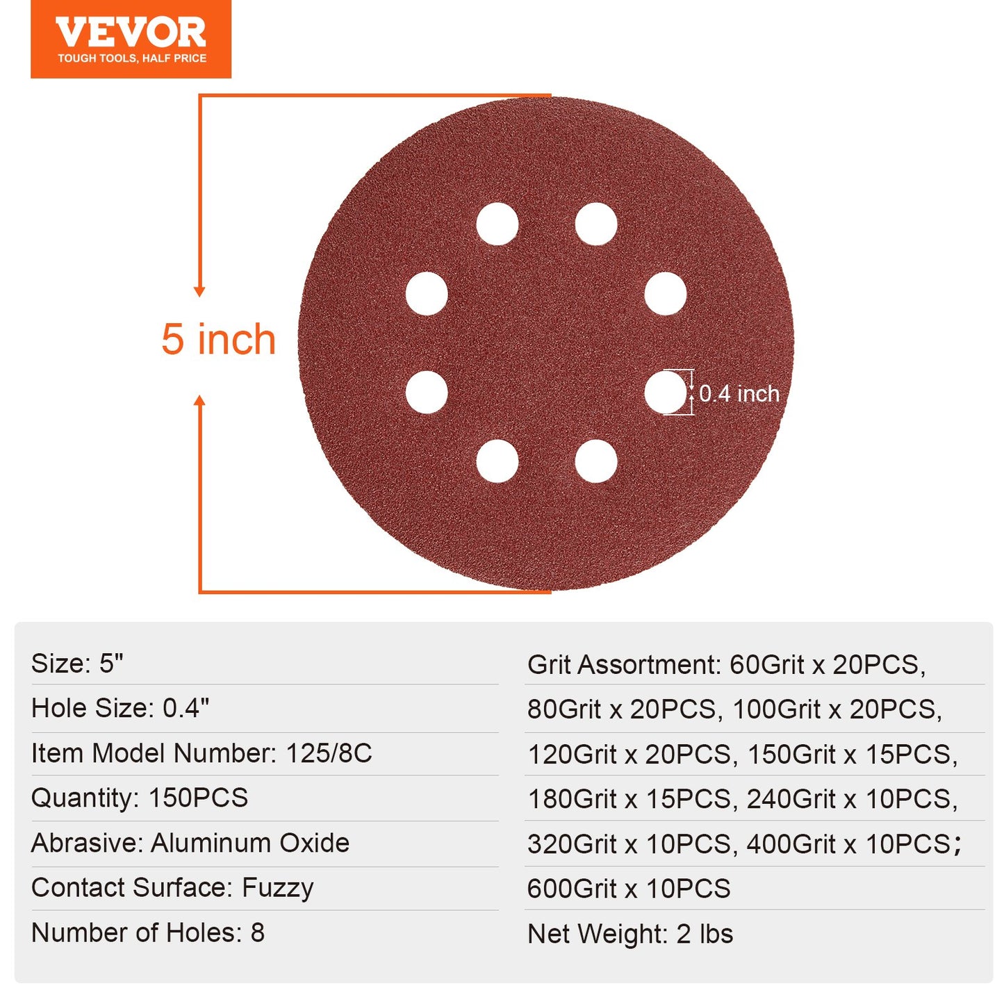 150 PCS 5 Inch Sanding Discs Set, 8-Hole Round Hook and Loop Sandpaper for Orbital Sander, 10 Grits include 60, 80, 100, 120, 150,180, 240, 320, 400, 600 Grit, for Metal, Wood, Car Sanding