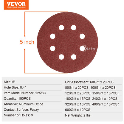 150 PCS 5 Inch Sanding Discs Set, 8-Hole Round Hook and Loop Sandpaper for Orbital Sander, 10 Grits include 60, 80, 100, 120, 150,180, 240, 320, 400, 600 Grit, for Metal, Wood, Car Sanding