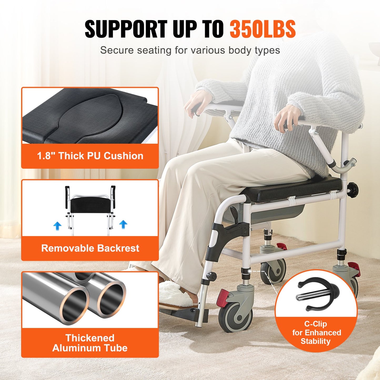 Dusch-Toilettenrollstuhl mit 4 feststellbaren Rädern, Fußstütze, hochklappbaren Armlehnen, 3-stufig höhenverstellbar, 5-l-Eimer, abnehmbar, 158 kg Fassungsvermögen, Toilettenstuhl für Erwachsene und Senioren