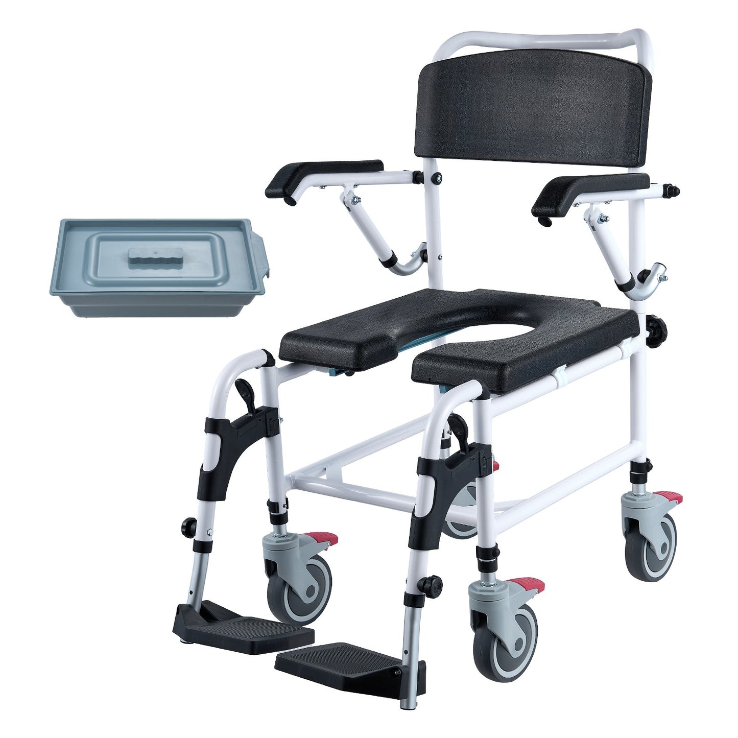 Dusch-Toilettenrollstuhl mit 4 feststellbaren Rädern, Fußstütze, hochklappbaren Armlehnen, 3-stufig höhenverstellbar, 5-l-Eimer, abnehmbar, 158 kg Fassungsvermögen, Toilettenstuhl für Erwachsene und Senioren