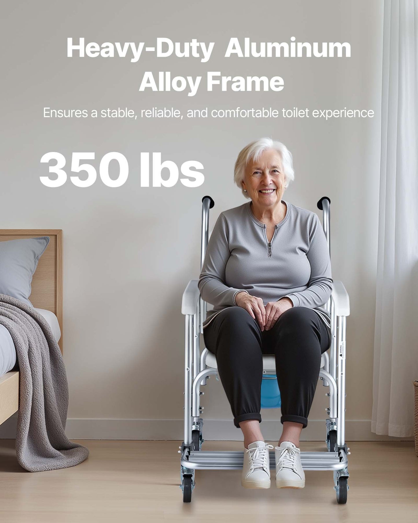 Bedside Commode Chair with Wheels, 350 lbs Capacity, 4-in-1 Portable Toilet and Raised Toilet Seat with Padded Seat/Backrest/Flip-up Footrest, Detachable 5L Bucket, Shower Wheelchair for Seniors