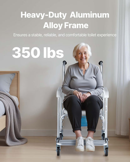 Bedside Commode Chair with Wheels, 350 lbs Capacity, 4-in-1 Portable Toilet and Raised Toilet Seat with Padded Seat/Backrest/Flip-up Footrest, Detachable 5L Bucket, Shower Wheelchair for Seniors