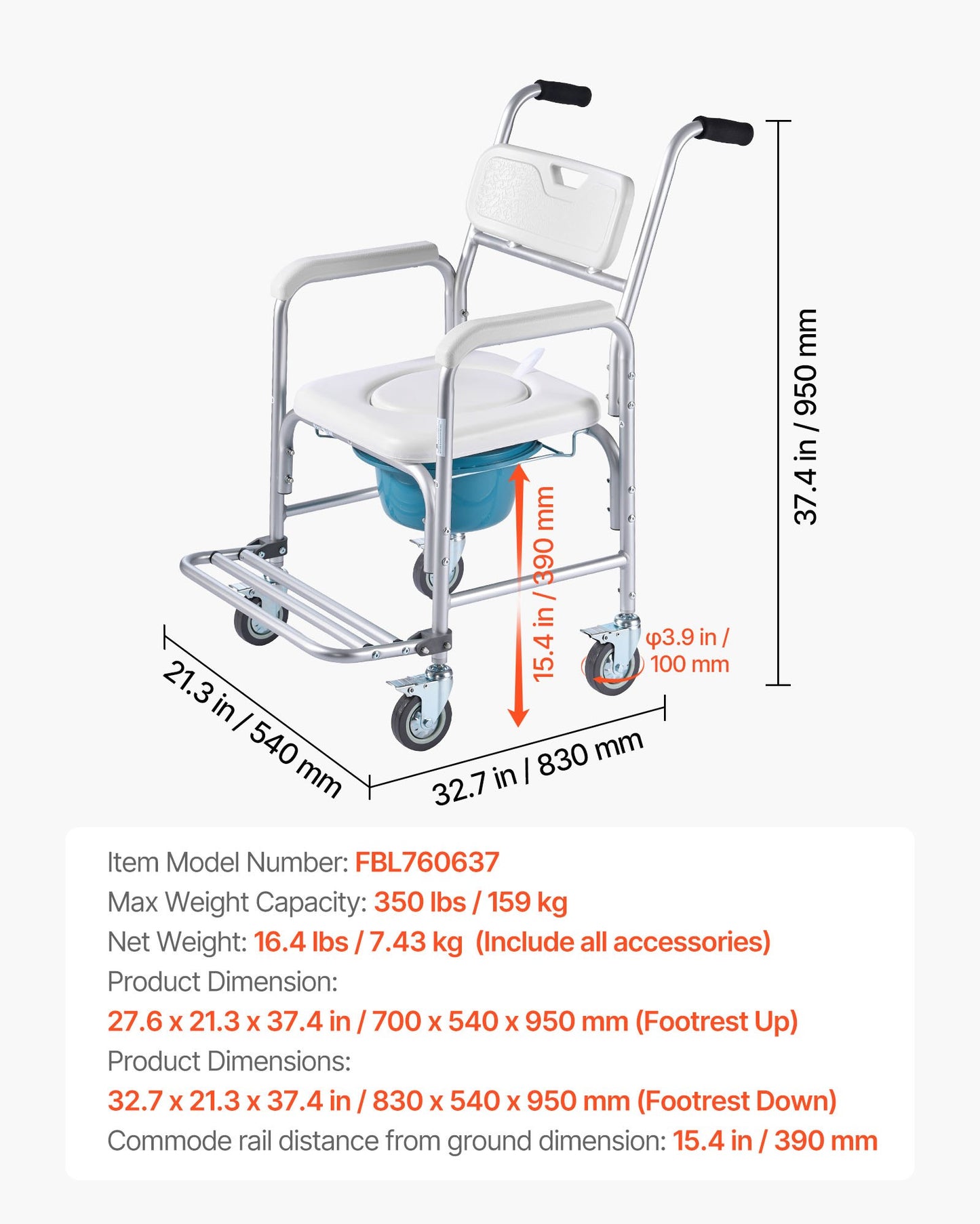 Bedside Commode Chair with Wheels, 350 lbs Capacity, 4-in-1 Portable Toilet and Raised Toilet Seat with Padded Seat/Backrest/Flip-up Footrest, Detachable 5L Bucket, Shower Wheelchair for Seniors