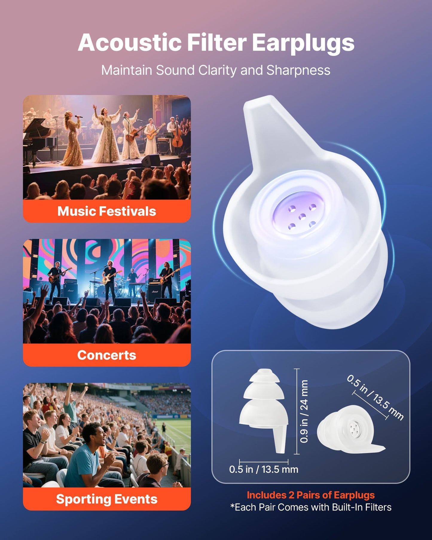 Concert Ear Plugs, 2 Pairs Reusable High Fidelity Musician Ear Plugs, SNR 27 dB High Noise Reduction Earplugs, Flexible Silicone Soft Music Ear Plugs, for Concerts, Festivals, Raves, Musicians