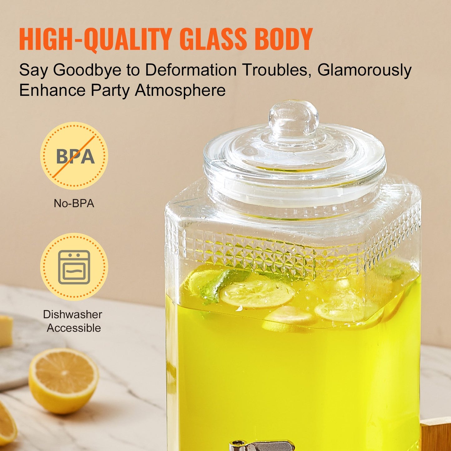 Beverage Dispenser, 1.5 Gallon Party Drink Dispensers, Glass Juice Dispenser with Stand, Stainless Steel Spout, Iced Tea Lemonade Juice Water Dispenser, for Restaurants, Hotels, Parties