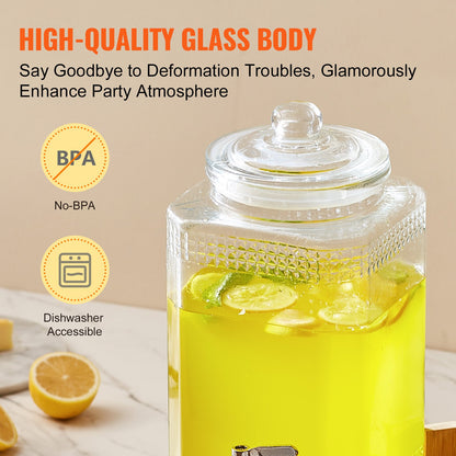 Beverage Dispenser, 1.5 Gallon Party Drink Dispensers, Glass Juice Dispenser with Stand, Stainless Steel Spout, Iced Tea Lemonade Juice Water Dispenser, for Restaurants, Hotels, Parties