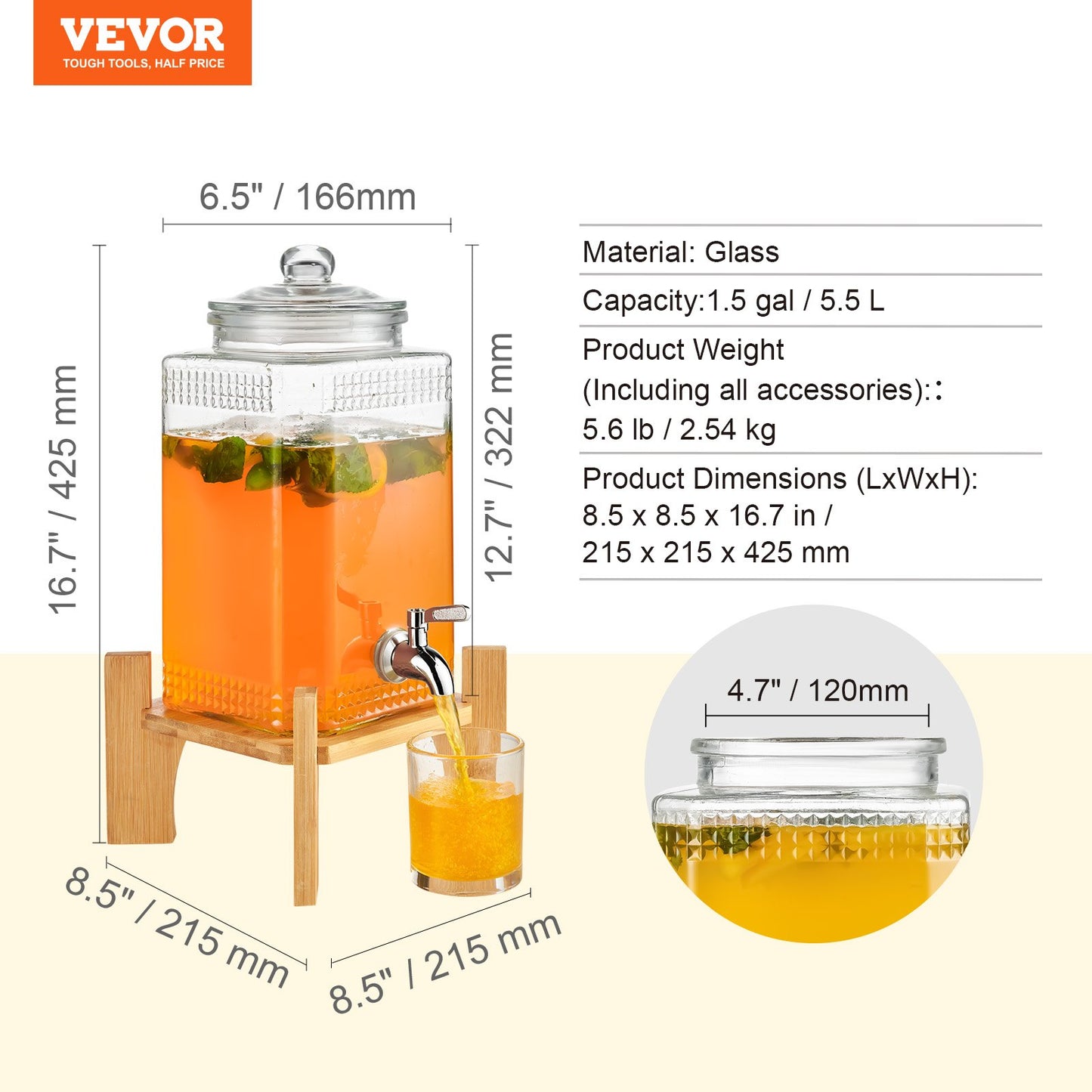 Beverage Dispenser, 1.5 Gallon Party Drink Dispensers, Glass Juice Dispenser with Stand, Stainless Steel Spout, Iced Tea Lemonade Juice Water Dispenser, for Restaurants, Hotels, Parties