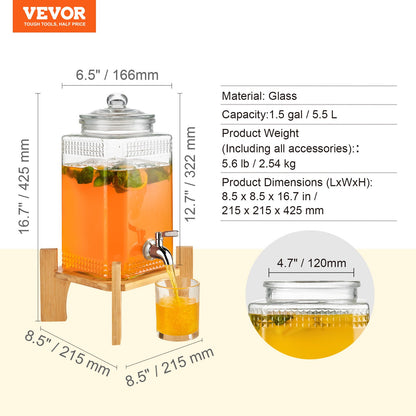 Beverage Dispenser, 1.5 Gallon Party Drink Dispensers, Glass Juice Dispenser with Stand, Stainless Steel Spout, Iced Tea Lemonade Juice Water Dispenser, for Restaurants, Hotels, Parties
