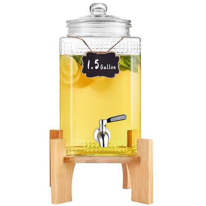 Beverage Dispenser, 1.5 Gallon Party Drink Dispensers, Glass Juice Dispenser with Stand, Stainless Steel Spout, Iced Tea Lemonade Juice Water Dispenser, for Restaurants, Hotels, Parties