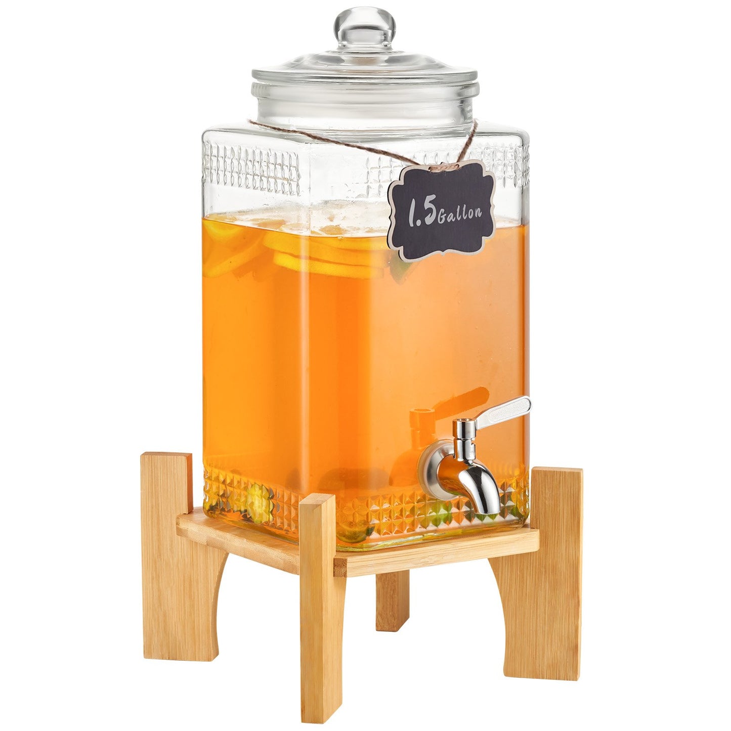Beverage Dispenser, 1.5 Gallon Party Drink Dispensers, Glass Juice Dispenser with Stand, Stainless Steel Spout, Iced Tea Lemonade Juice Water Dispenser, for Restaurants, Hotels, Parties