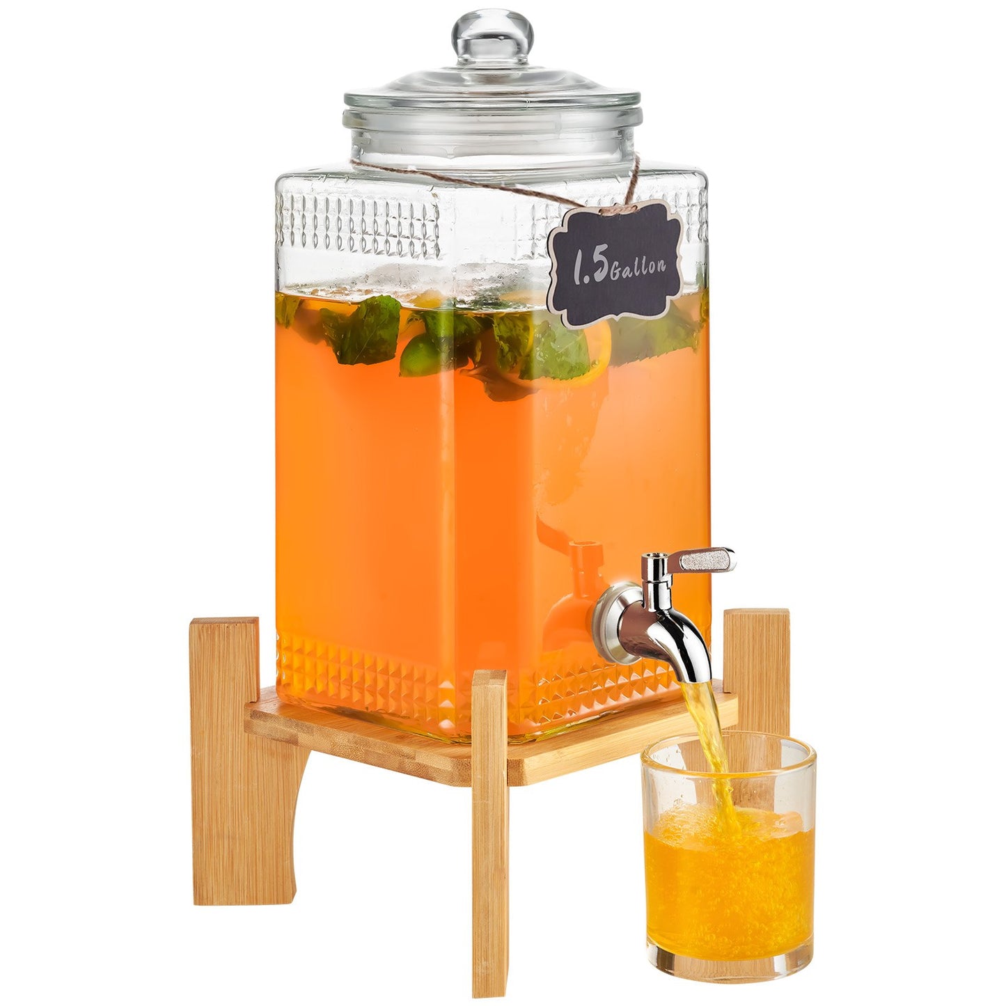 Beverage Dispenser, 1.5 Gallon Party Drink Dispensers, Glass Juice Dispenser with Stand, Stainless Steel Spout, Iced Tea Lemonade Juice Water Dispenser, for Restaurants, Hotels, Parties