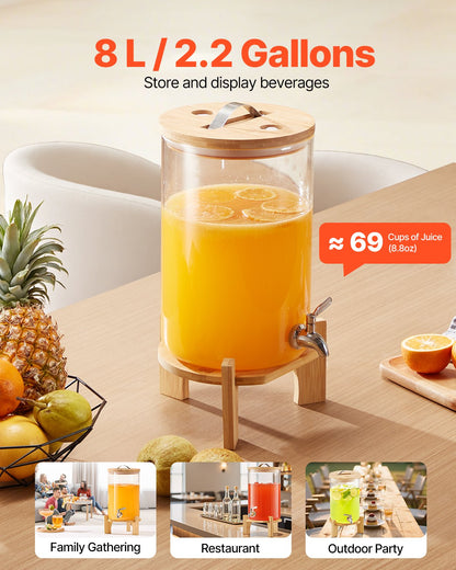 Beverage Dispenser, 2.2 Gallon Drink Dispensers for Parties, Glass Juice Dispenser with Wood Stand, Stainless Steel Spigot, Iced Tea Lemonade Juice Water Dispensers for Parties