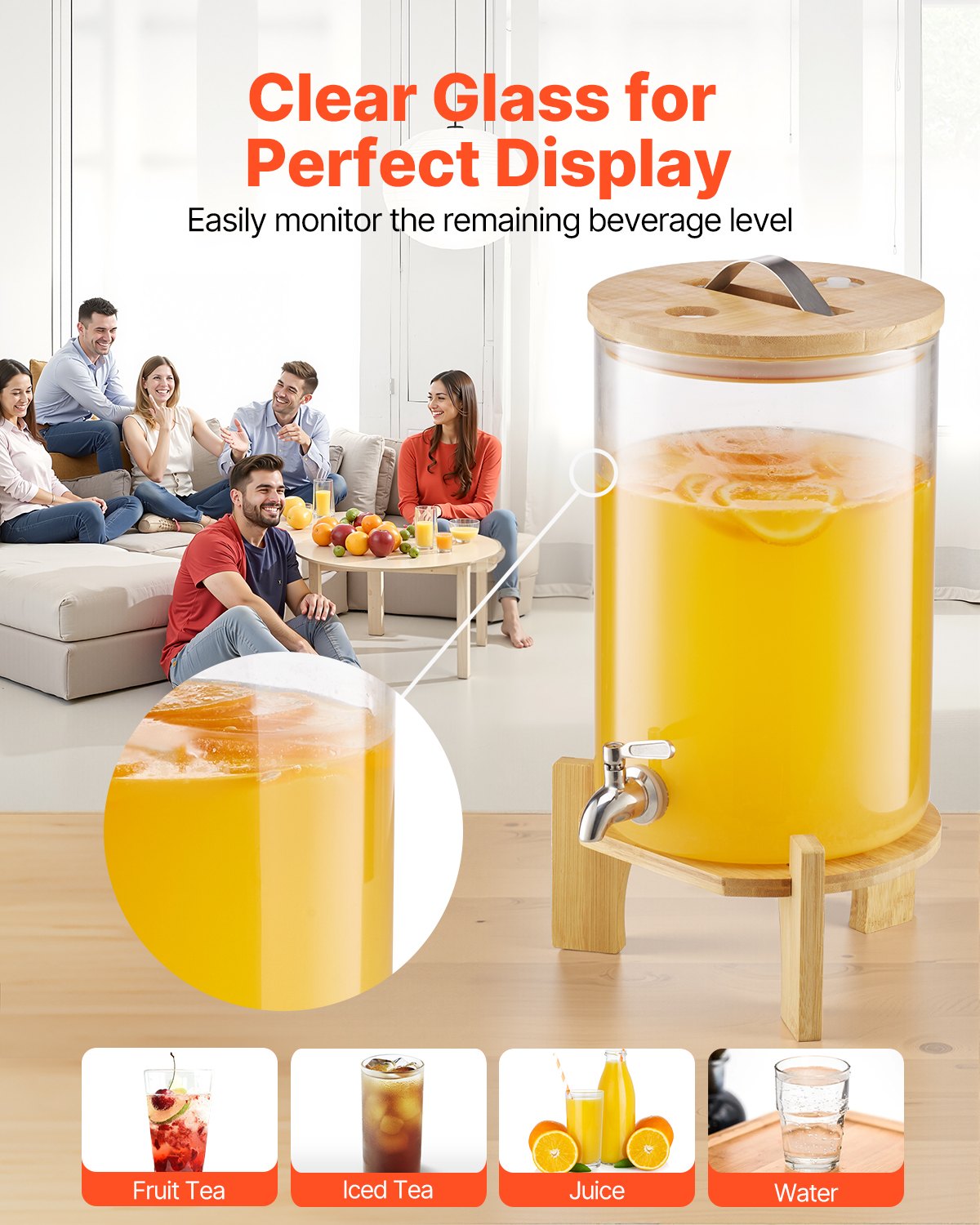 Beverage Dispenser, 2.2 Gallon Drink Dispensers for Parties, Glass Juice Dispenser with Wood Stand, Stainless Steel Spigot, Iced Tea Lemonade Juice Water Dispensers for Parties
