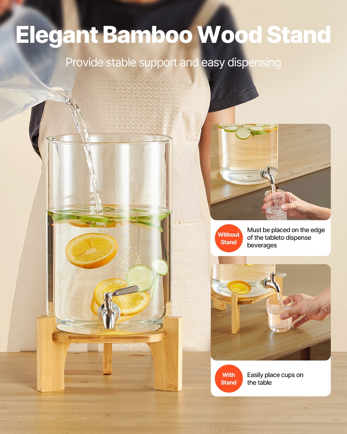 Beverage Dispenser, 2.2 Gallon Drink Dispensers for Parties, Glass Juice Dispenser with Wood Stand, Stainless Steel Spigot, Iced Tea Lemonade Juice Water Dispensers for Parties