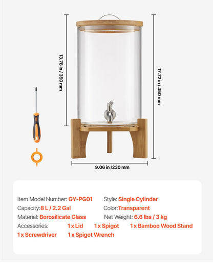 Beverage Dispenser, 2.2 Gallon Drink Dispensers for Parties, Glass Juice Dispenser with Wood Stand, Stainless Steel Spigot, Iced Tea Lemonade Juice Water Dispensers for Parties