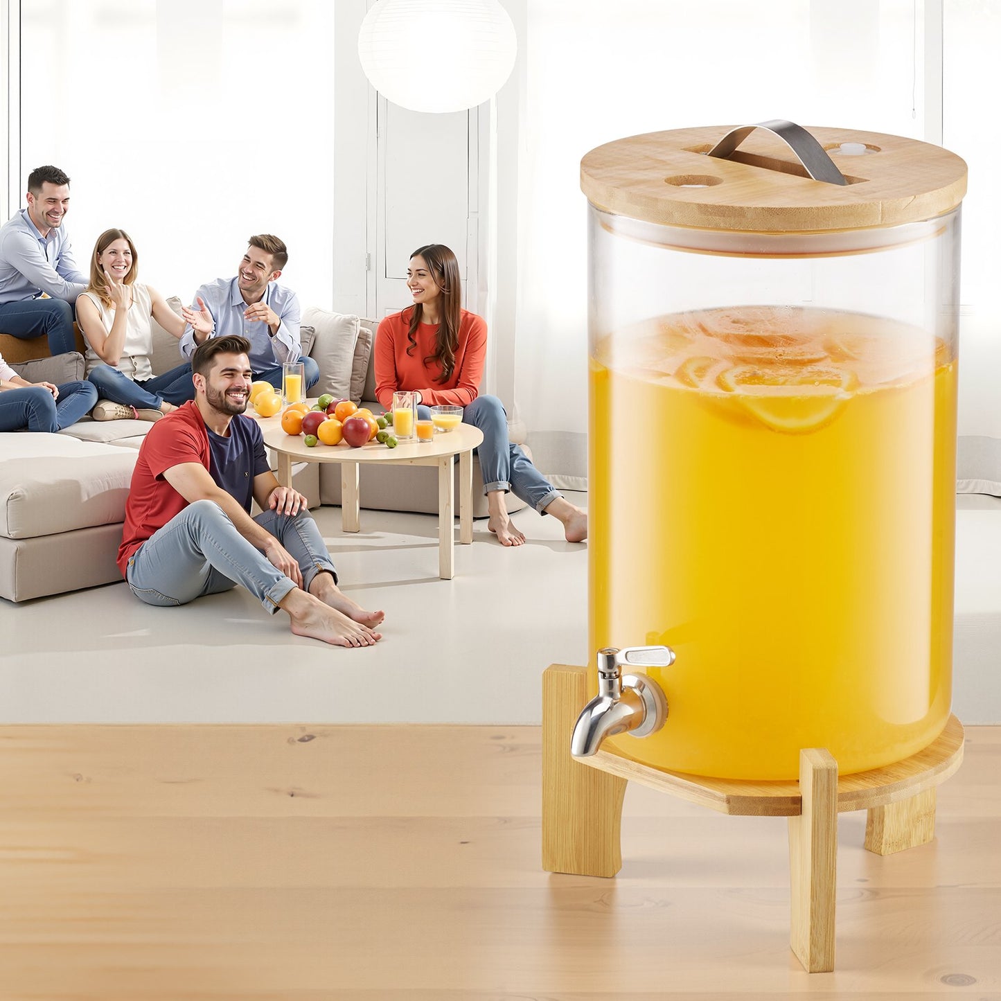 Beverage Dispenser, 2.2 Gallon Drink Dispensers for Parties, Glass Juice Dispenser with Wood Stand, Stainless Steel Spigot, Iced Tea Lemonade Juice Water Dispensers for Parties