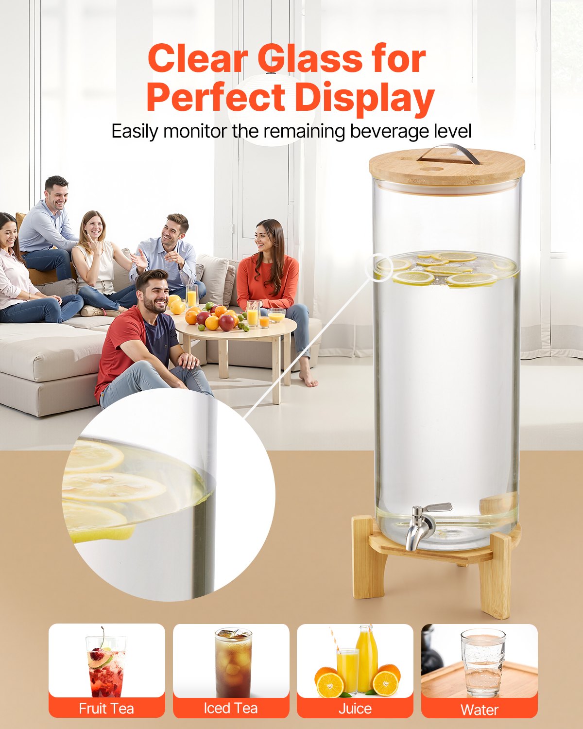 Beverage Dispenser, 3.5 Gallon Drink Dispensers for Parties, Glass Juice Dispenser with Wood Stand, Stainless Steel Spigot, Iced Tea Lemonade Juice Water Dispensers for Parties