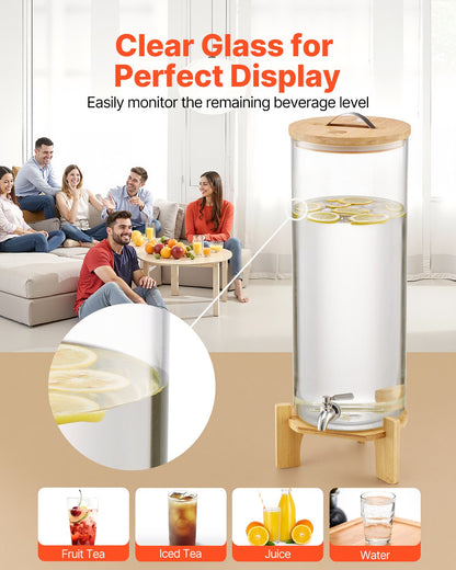 Beverage Dispenser, 3.5 Gallon Drink Dispensers for Parties, Glass Juice Dispenser with Wood Stand, Stainless Steel Spigot, Iced Tea Lemonade Juice Water Dispensers for Parties