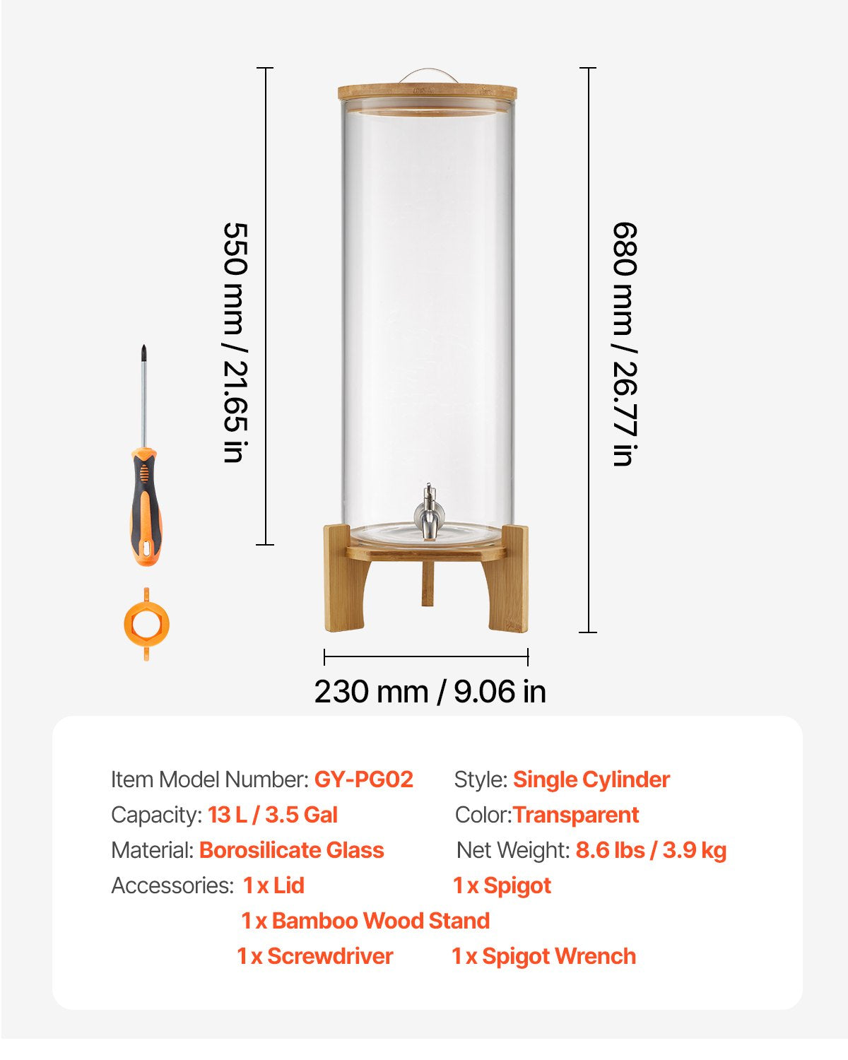 Beverage Dispenser, 3.5 Gallon Drink Dispensers for Parties, Glass Juice Dispenser with Wood Stand, Stainless Steel Spigot, Iced Tea Lemonade Juice Water Dispensers for Parties