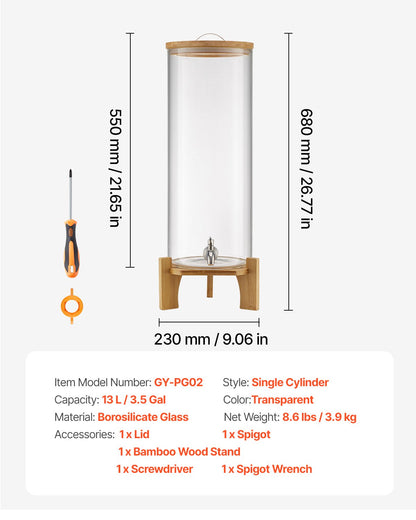 Beverage Dispenser, 3.5 Gallon Drink Dispensers for Parties, Glass Juice Dispenser with Wood Stand, Stainless Steel Spigot, Iced Tea Lemonade Juice Water Dispensers for Parties