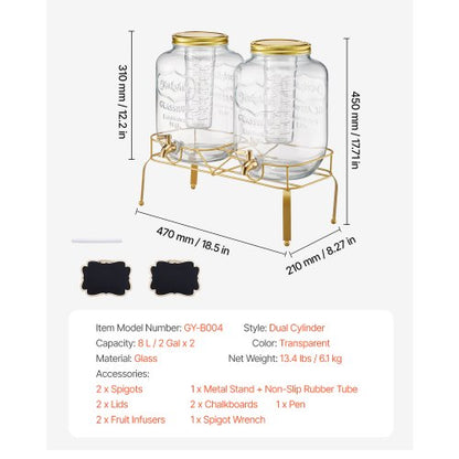 Drinks Dispenser 8L Drinks Dispenser for Parties Glass with Stand 2 PCS