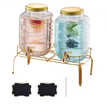 Beverage Dispenser, 2 Pack 2 Gallon Drink Dispensers for Parties, Glass Juice Dispenser with Metal Stand, Stainless Steel Spigot, Infuser, Iced Tea Lemonade Juice Water Dispensers for Parties