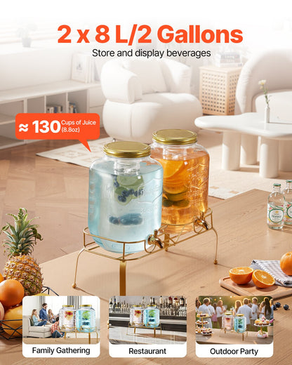 Beverage Dispenser, 2 Pack 2 Gallon Drink Dispensers for Parties, Glass Juice Dispenser with Metal Stand, Stainless Steel Spigot, Infuser, Iced Tea Lemonade Juice Water Dispensers for Parties