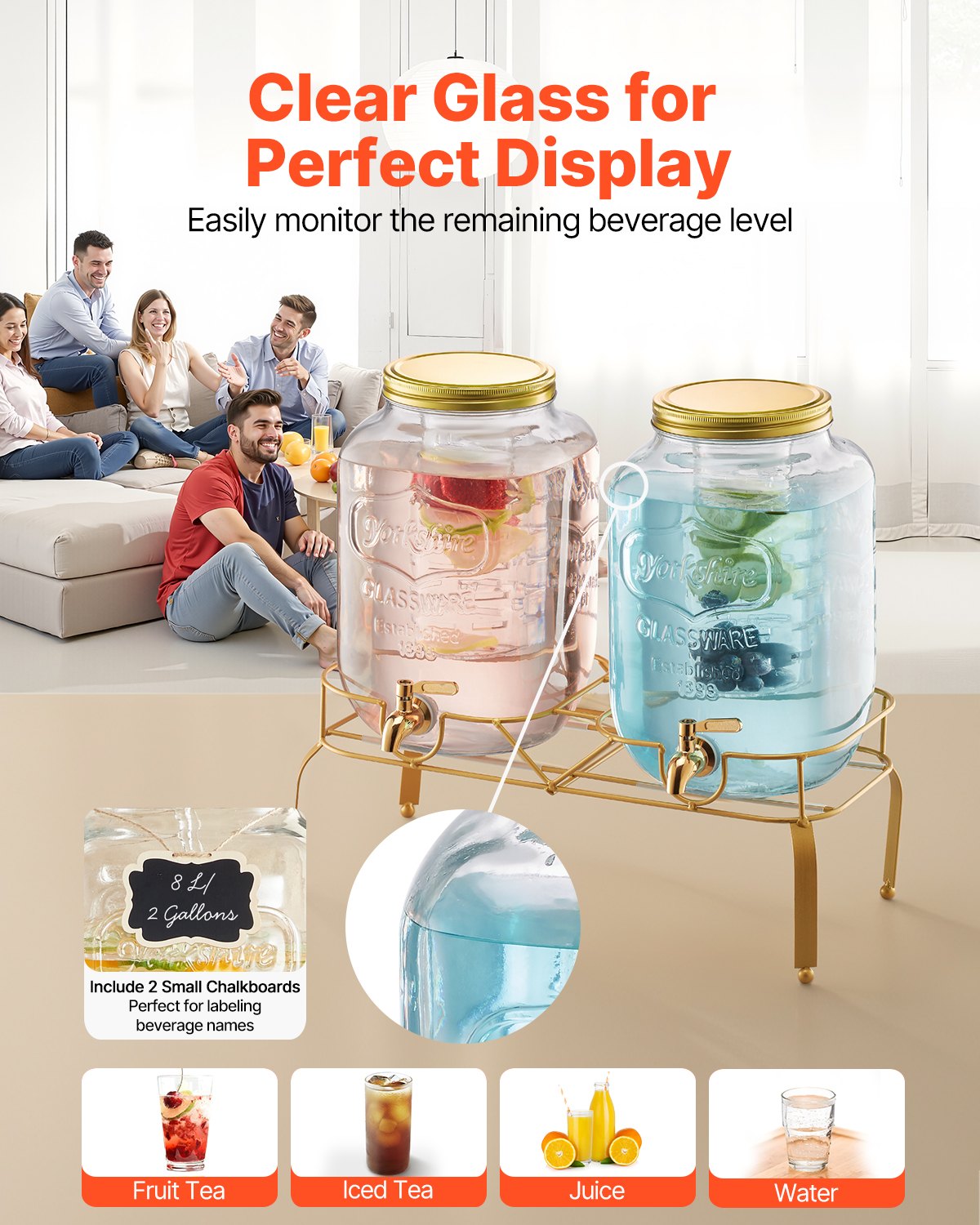 Beverage Dispenser, 2 Pack 2 Gallon Drink Dispensers for Parties, Glass Juice Dispenser with Metal Stand, Stainless Steel Spigot, Infuser, Iced Tea Lemonade Juice Water Dispensers for Parties