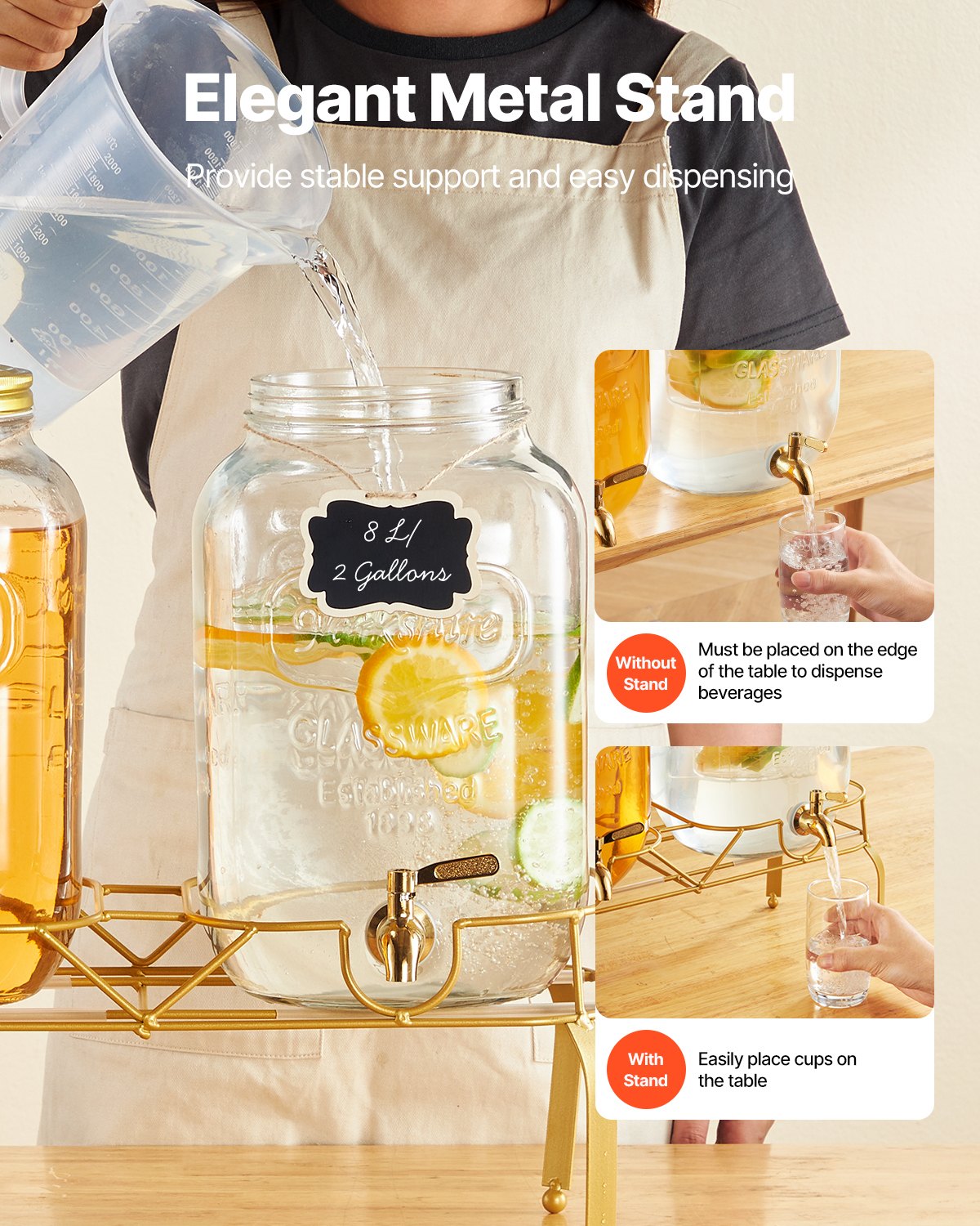 Beverage Dispenser, 2 Pack 2 Gallon Drink Dispensers for Parties, Glass Juice Dispenser with Metal Stand, Stainless Steel Spigot, Infuser, Iced Tea Lemonade Juice Water Dispensers for Parties