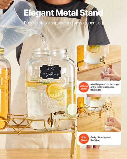 Beverage Dispenser, 2 Pack 2 Gallon Drink Dispensers for Parties, Glass Juice Dispenser with Metal Stand, Stainless Steel Spigot, Infuser, Iced Tea Lemonade Juice Water Dispensers for Parties