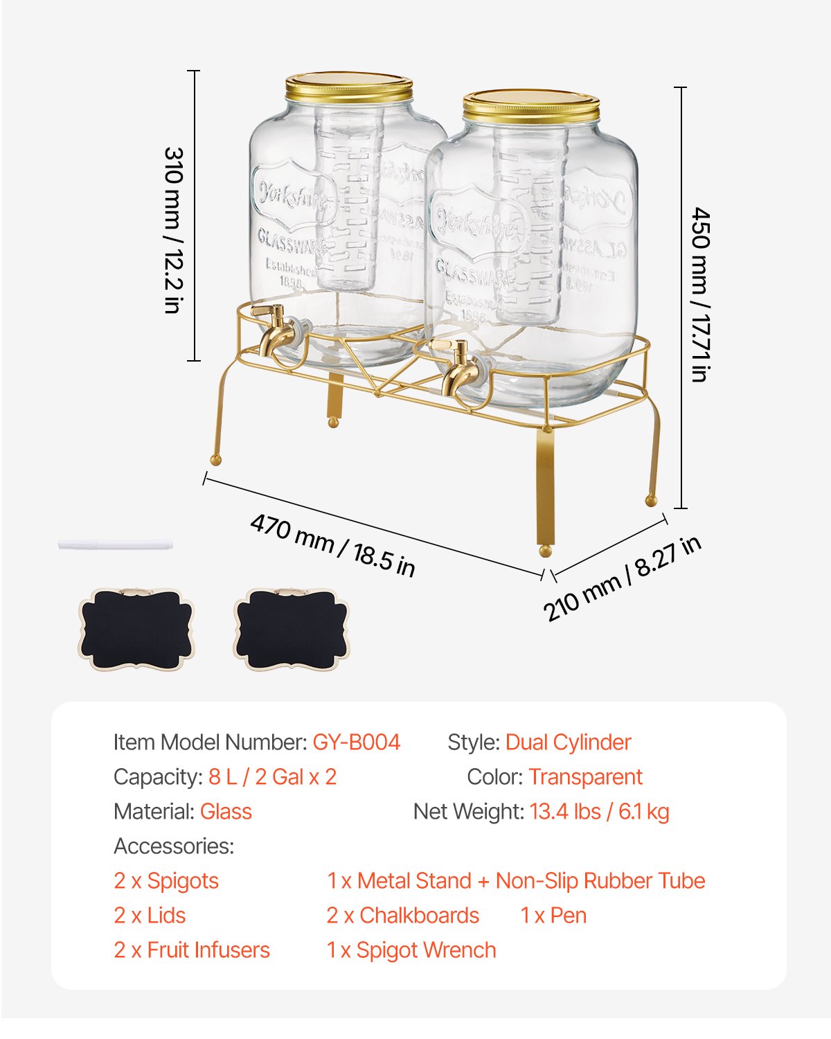 Beverage Dispenser, 2 Pack 2 Gallon Drink Dispensers for Parties, Glass Juice Dispenser with Metal Stand, Stainless Steel Spigot, Infuser, Iced Tea Lemonade Juice Water Dispensers for Parties