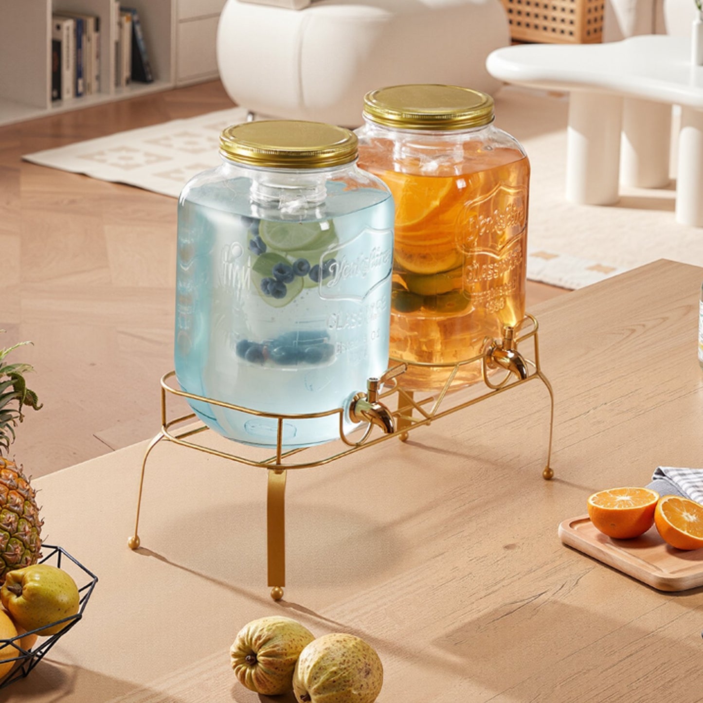 Beverage Dispenser, 2 Pack 2 Gallon Drink Dispensers for Parties, Glass Juice Dispenser with Metal Stand, Stainless Steel Spigot, Infuser, Iced Tea Lemonade Juice Water Dispensers for Parties