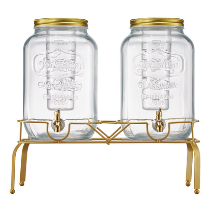 Beverage Dispenser, 2 Pack 2 Gallon Drink Dispensers for Parties, Glass Juice Dispenser with Metal Stand, Stainless Steel Spigot, Infuser, Iced Tea Lemonade Juice Water Dispensers for Parties