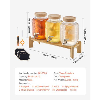 Drink Dispenser 3.8L Drink Dispenser for Parties Glass with Stand 3 PCS