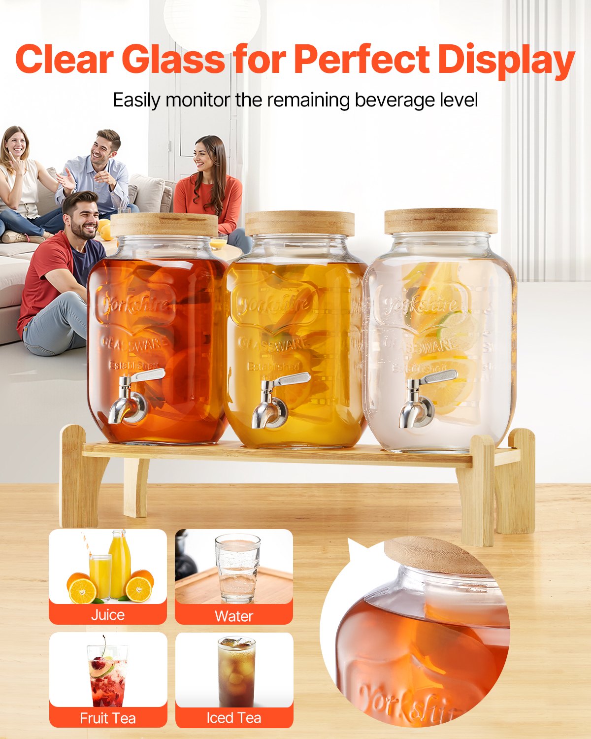 Beverage Dispenser, 3 Pack 1 Gallon Drink Dispensers for Parties, Glass Juice Dispenser with Wood Stand, Stainless Steel Spigot, Infuser, Iced Tea Lemonade Juice Water Dispensers for Parties