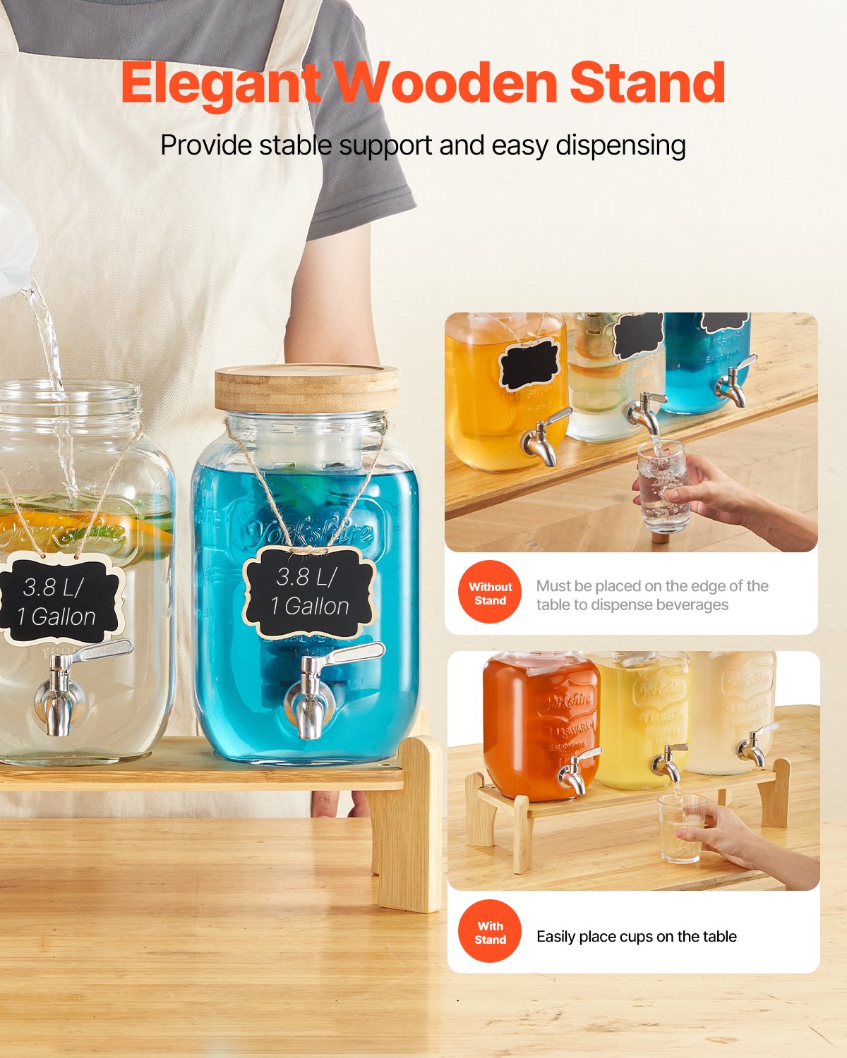 Beverage Dispenser, 3 Pack 1 Gallon Drink Dispensers for Parties, Glass Juice Dispenser with Wood Stand, Stainless Steel Spigot, Infuser, Iced Tea Lemonade Juice Water Dispensers for Parties