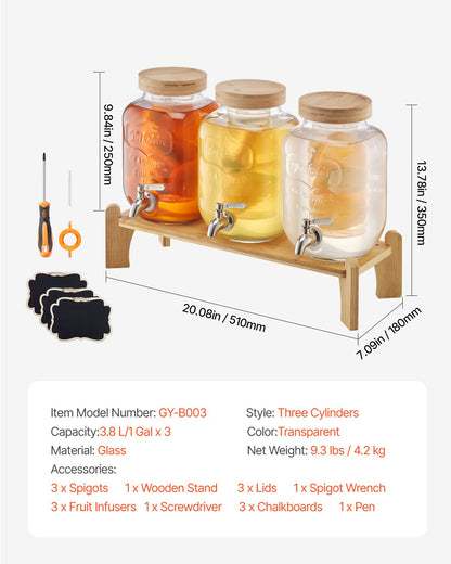 Beverage Dispenser, 3 Pack 1 Gallon Drink Dispensers for Parties, Glass Juice Dispenser with Wood Stand, Stainless Steel Spigot, Infuser, Iced Tea Lemonade Juice Water Dispensers for Parties