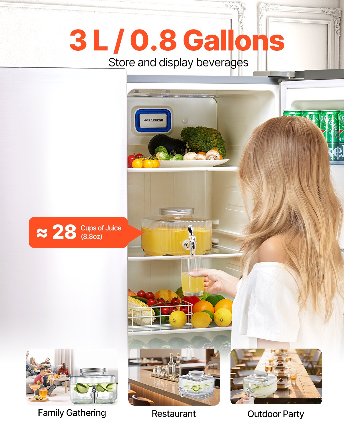 Beverage Dispenser, 0.8 Gallon Drink Dispensers for Parties, Glass Juice Dispenser with No-Drip Spigot and Lid, Iced Tea Lemonade Juice Water Dispensers for Restaurants, Hotels, Parties