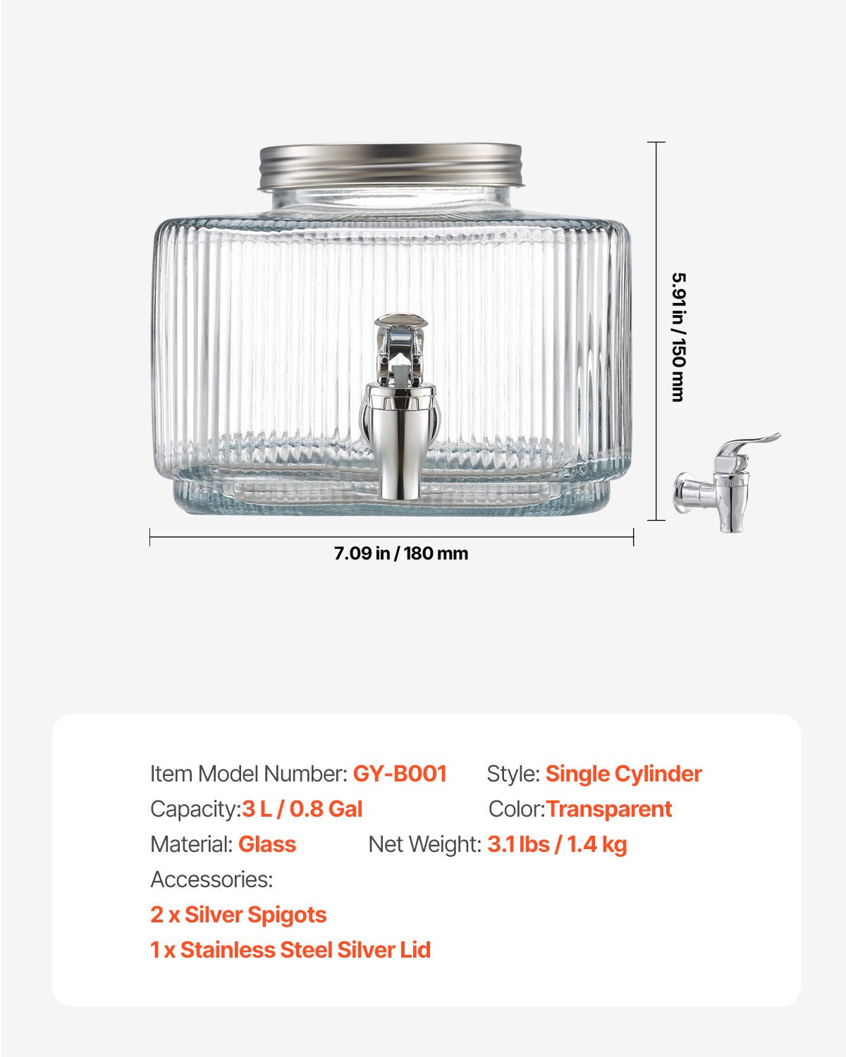 Beverage Dispenser, 0.8 Gallon Drink Dispensers for Parties, Glass Juice Dispenser with No-Drip Spigot and Lid, Iced Tea Lemonade Juice Water Dispensers for Restaurants, Hotels, Parties